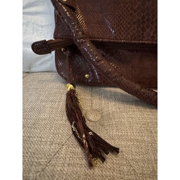JM Joy Mangano Convertible Expandable Drop Python Bag Tote Sholuder Clutch Brown - Picture 2 of 7